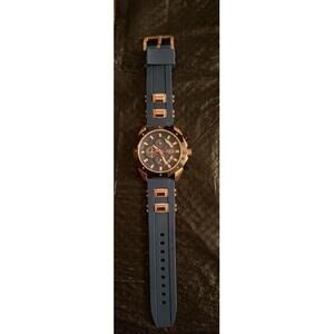 LIGE Chronograph Watch Mens Blue Dial Rose Gold Black Octagonal Silicone Strap